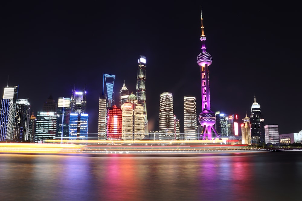 city skyline during night time