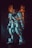 A detailed and intricately designed robot or mecha stands in a dramatic pose, highlighted by a combination of blue, white, and orange armor plating. The background is dark, with subtle geometric patterns illuminated in warm tones, giving a futuristic and sci-fi ambiance.