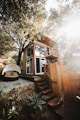 Cozy tiny house with large windows and wooden accents in a peaceful natural setting