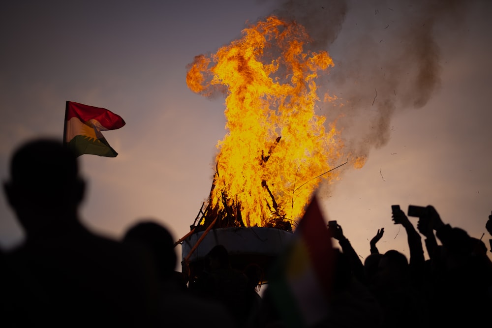 people standing near bonfire during night time