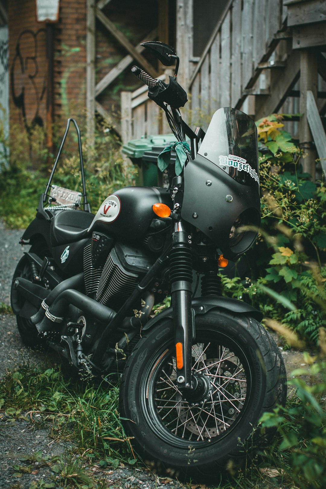 black cruiser motorcycle parked beside green plants