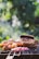 A barbecue grill loaded with a variety of meats and vegetables, including pieces of grilled chicken, ribs, and sliced red onions. The background features a blurred, lush green garden setting, creating a pleasant outdoor atmosphere.