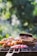 A barbecue grill loaded with a variety of meats and vegetables, including pieces of grilled chicken, ribs, and sliced red onions. The background features a blurred, lush green garden setting, creating a pleasant outdoor atmosphere.