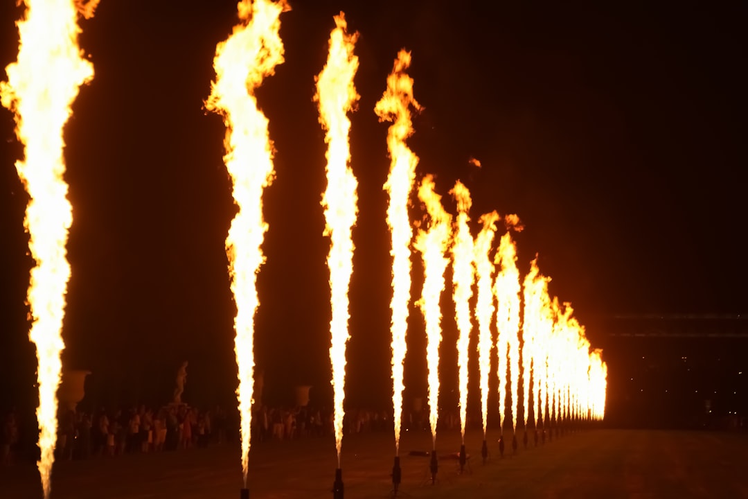 silhouette of people standing near fire during night time