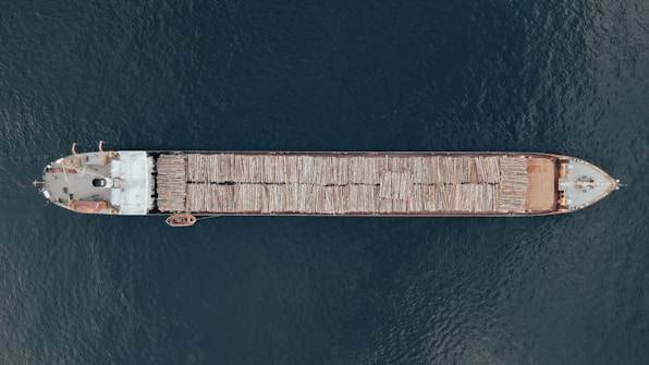 Aerial view of a large cargo ship transporting logs across a body of water. The vessel is long and narrow, with logs neatly stacked along its length. The ship contrasts against the deep blue water surrounding it.