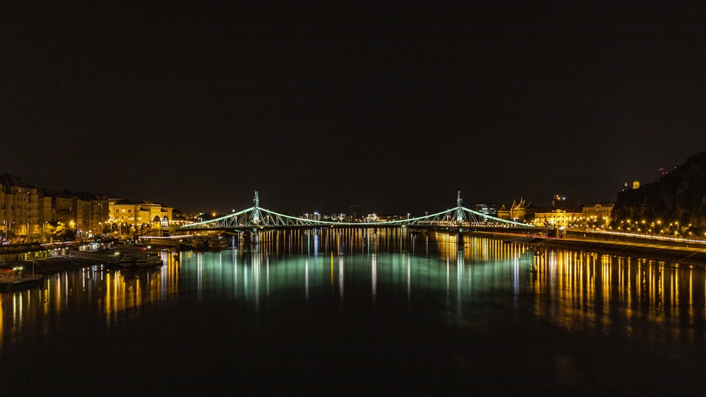 blue bridge over water during night time