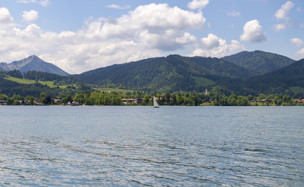 body of water near green mountain under white clouds and blue sky during daytime