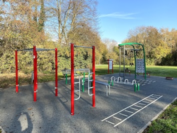 An outdoor fitness park surrounded by trees features various exercise stations with equipment like bars and rings. The area is bordered by lush green grass and there are tall trees with autumn-colored leaves in the background. The sky is clear and blue, creating a serene environment ideal for workouts.