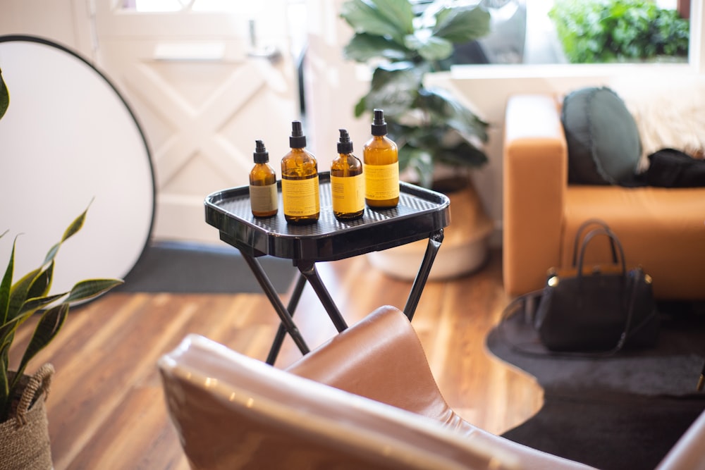 yellow and black bottles on table