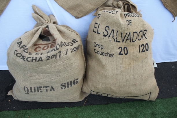 Two burlap sacks filled with coffee, labeled with text indicating they are products of El Salvador from the 2017/2018 harvest. The sacks have printing in black ink, including the words 'QUETA SHG' and crop details. They are sitting on a surface with a white background cloth and a green carpet.
