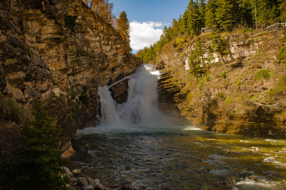 Cascate tra alberi verdi sotto cielo blu durante il giorno