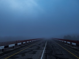 An empty road stretches forward, flanked by red and white barriers on both sides. The road's surface appears worn with visible cracks. A dense fog obscures the view ahead, creating a sense of mystery and uncertainty. The atmosphere is dominated by a blue hue, giving it a cold and somber feel.