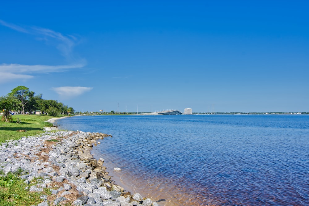 body of water near city buildings under blue sky during daytime