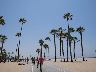 Tourists enjoying a scooter ride along the palm-lined Golden Beach under a clear blue sky.