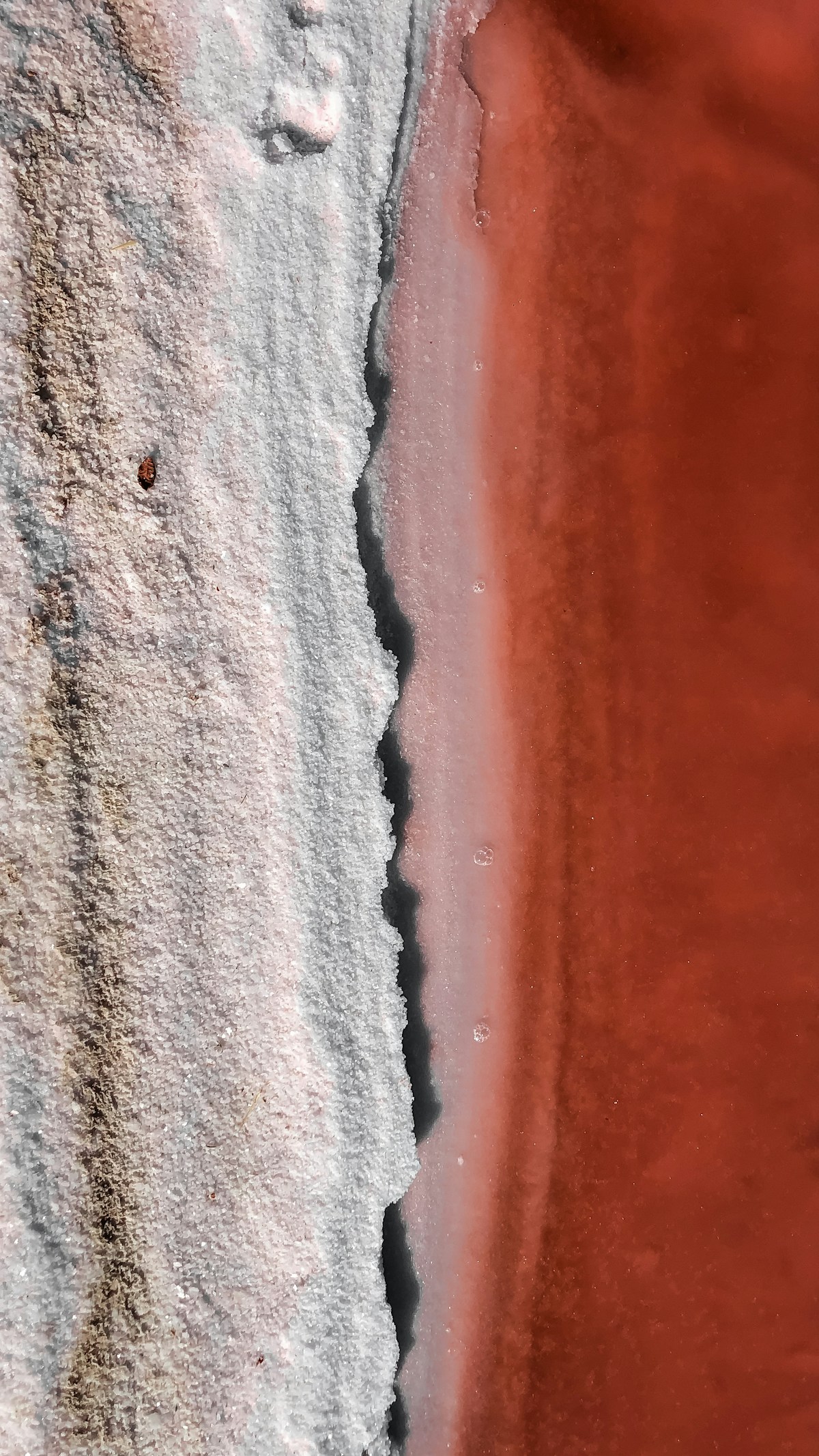 Grey and brown striated rock meeting up against red rock with pink edge.  There is a dark fissure in the middle.