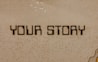 The image contains a mosaic wall with the words 'YOUR STORY' written in bold, dark letters. The tiles are small and mostly uniform, giving a textured appearance to the background.