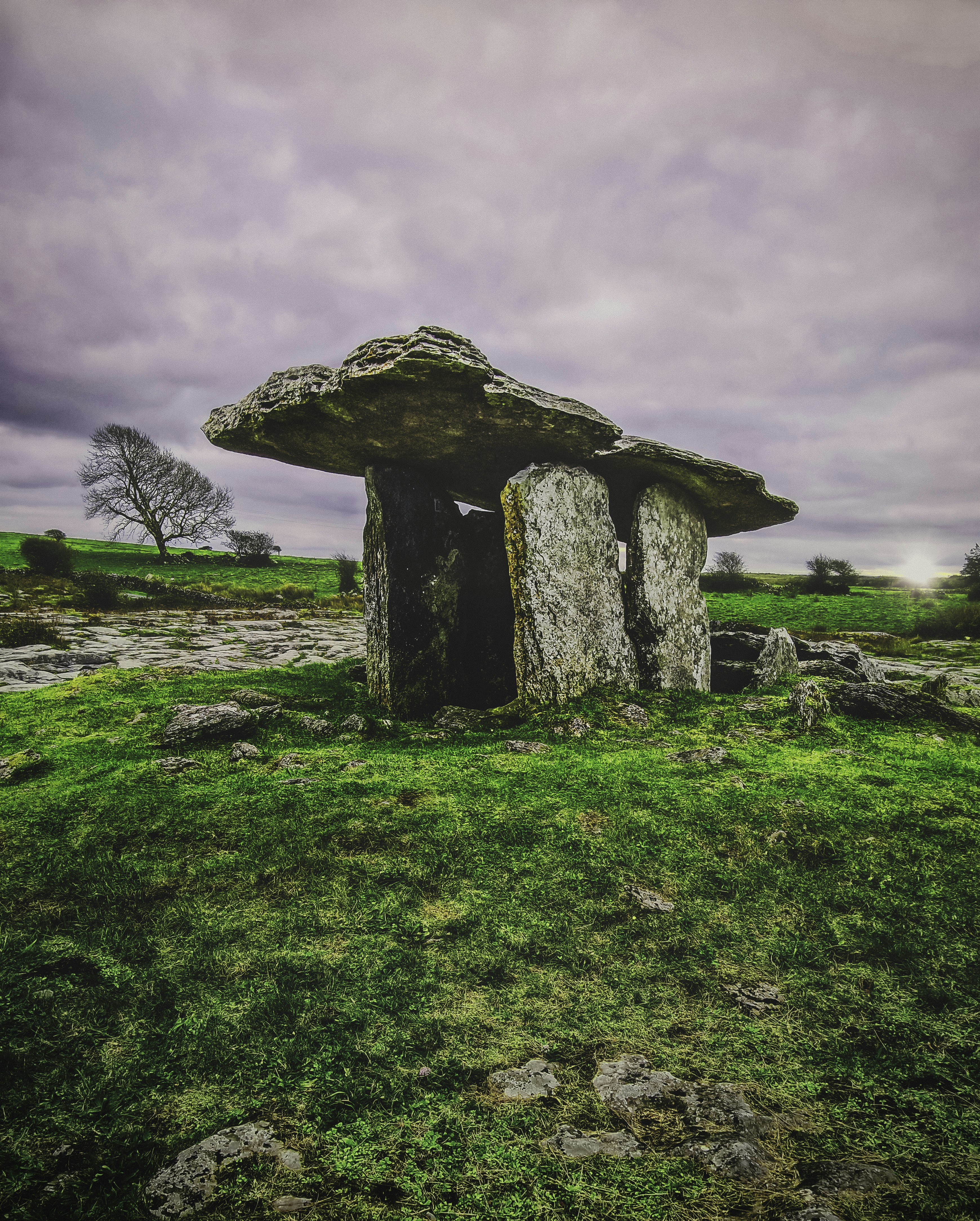 This portal tomb, known as Poulanbrone Dolmen, in County Clare is a Neolithic burial and religious site constructed in the 4th millennium BCE. It surrounded by fields of limestone with deep crevasses. I was there as the sun was coming up underneath the clouds, and they glowed purple and pink. It was every bit as mystical as it looks (Oct., 2018).