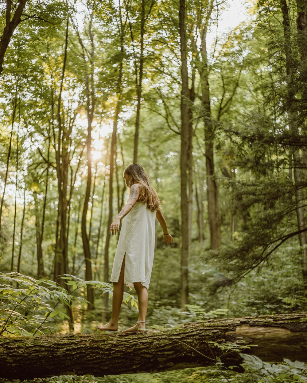 woman in white dress standing on brown tree log during daytime