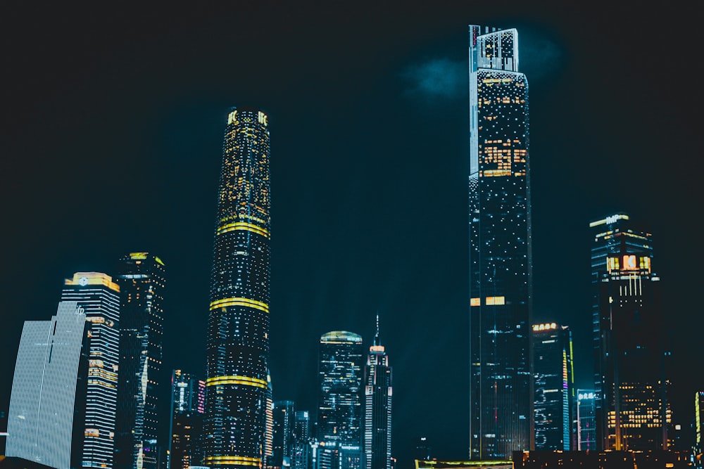 city skyline during night time