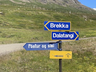 A set of directional road signs in a grassy, rural landscape. The signs are blue and yellow, pointing to locations with text in a Nordic language. A worn dirt road and lush green hillside with subtle wildflowers extend into the distance.