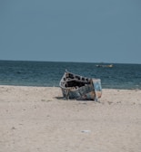 blue and white boat on beach during daytime