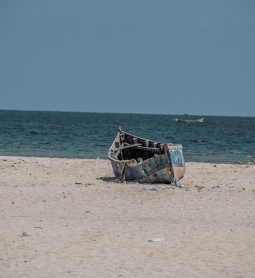 blue and white boat on beach during daytime
