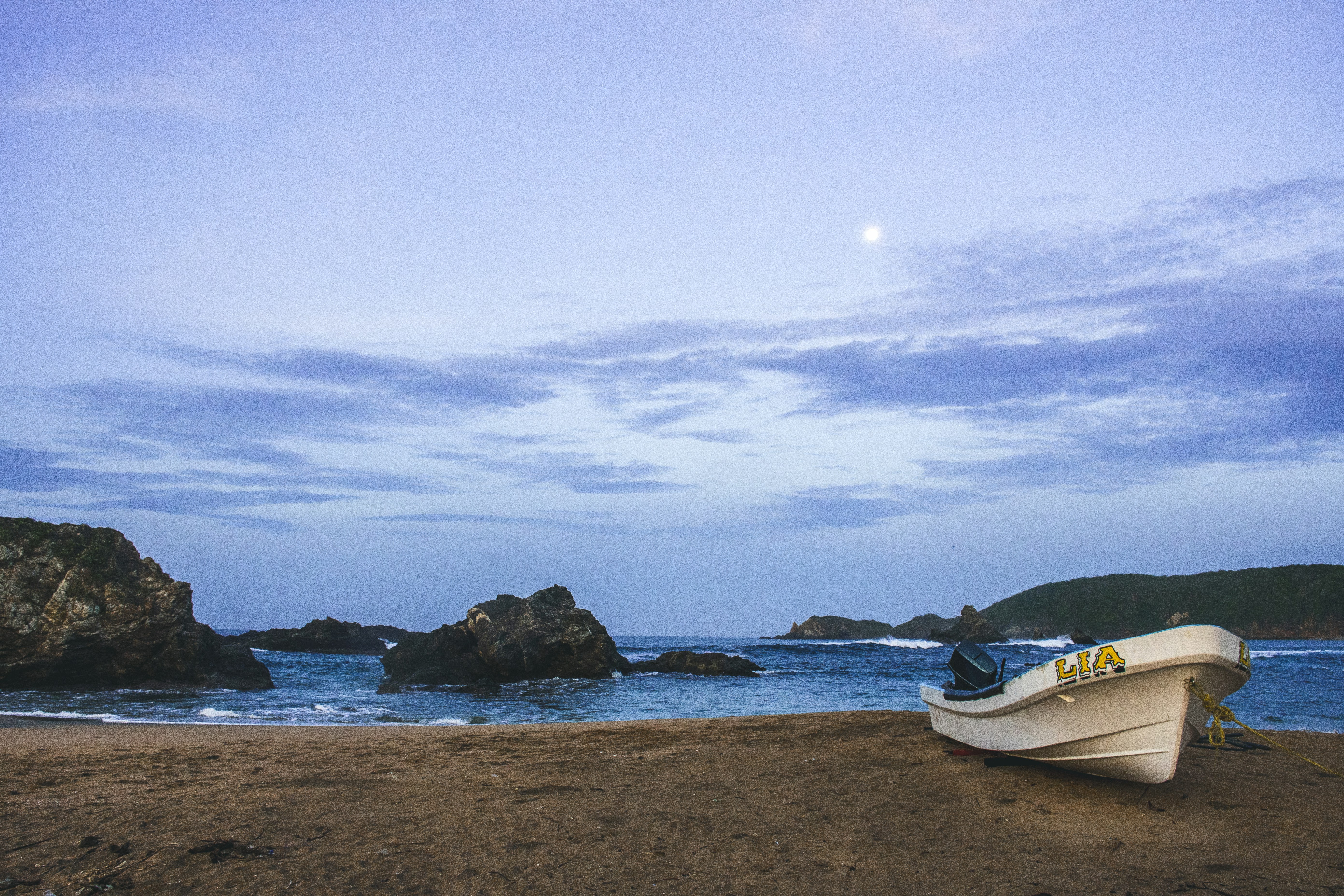 Barco blanco y azul en la playa durante el día
