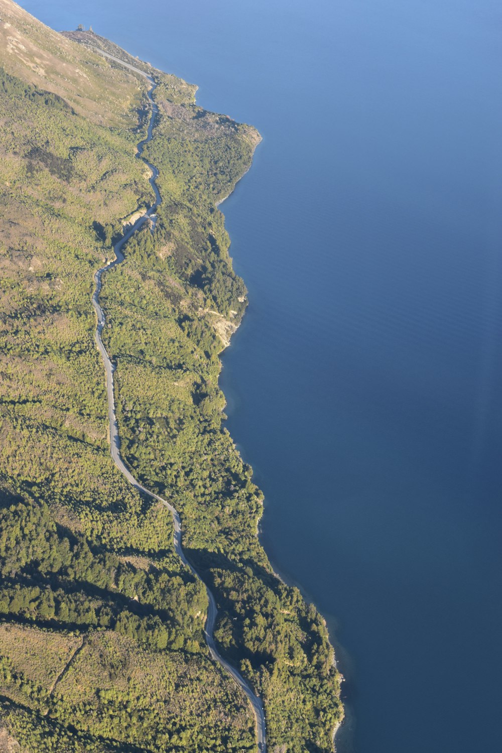 Vista aerea della montagna verde e marrone accanto al mare blu durante il giorno