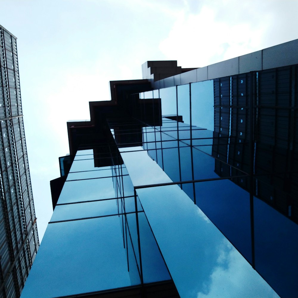 blue and black glass walled high rise building