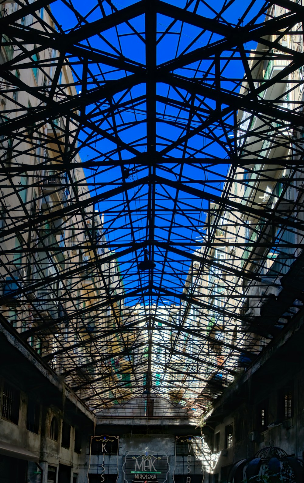 black metal framed glass roof