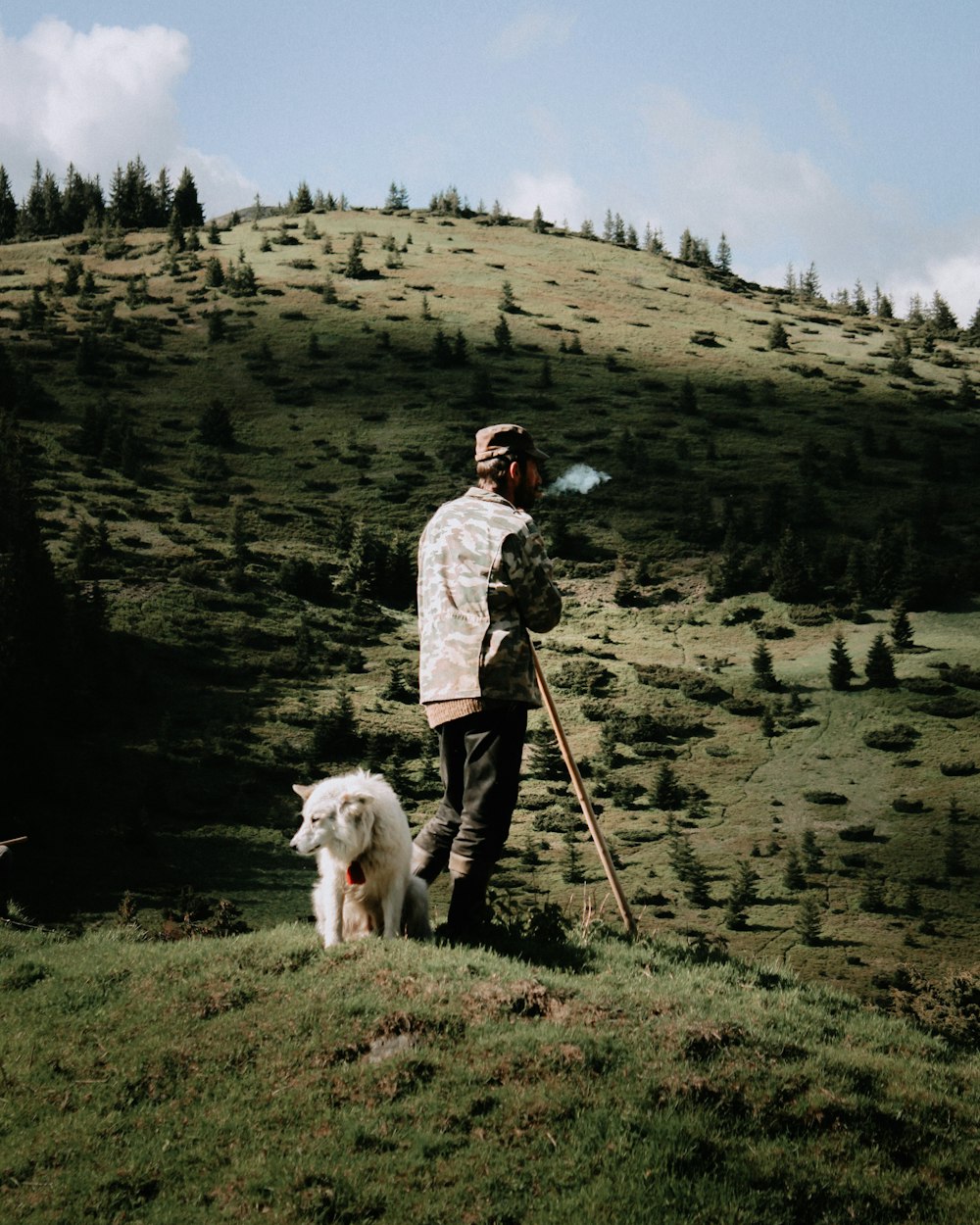 woman in white jacket standing beside white dog on green grass field during daytime