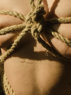 A close-up view of a person's torso bound intricately with thick, rough-textured ropes. The ropes form a star-like pattern against the skin, casting shadows that highlight the form and tension of the knots.