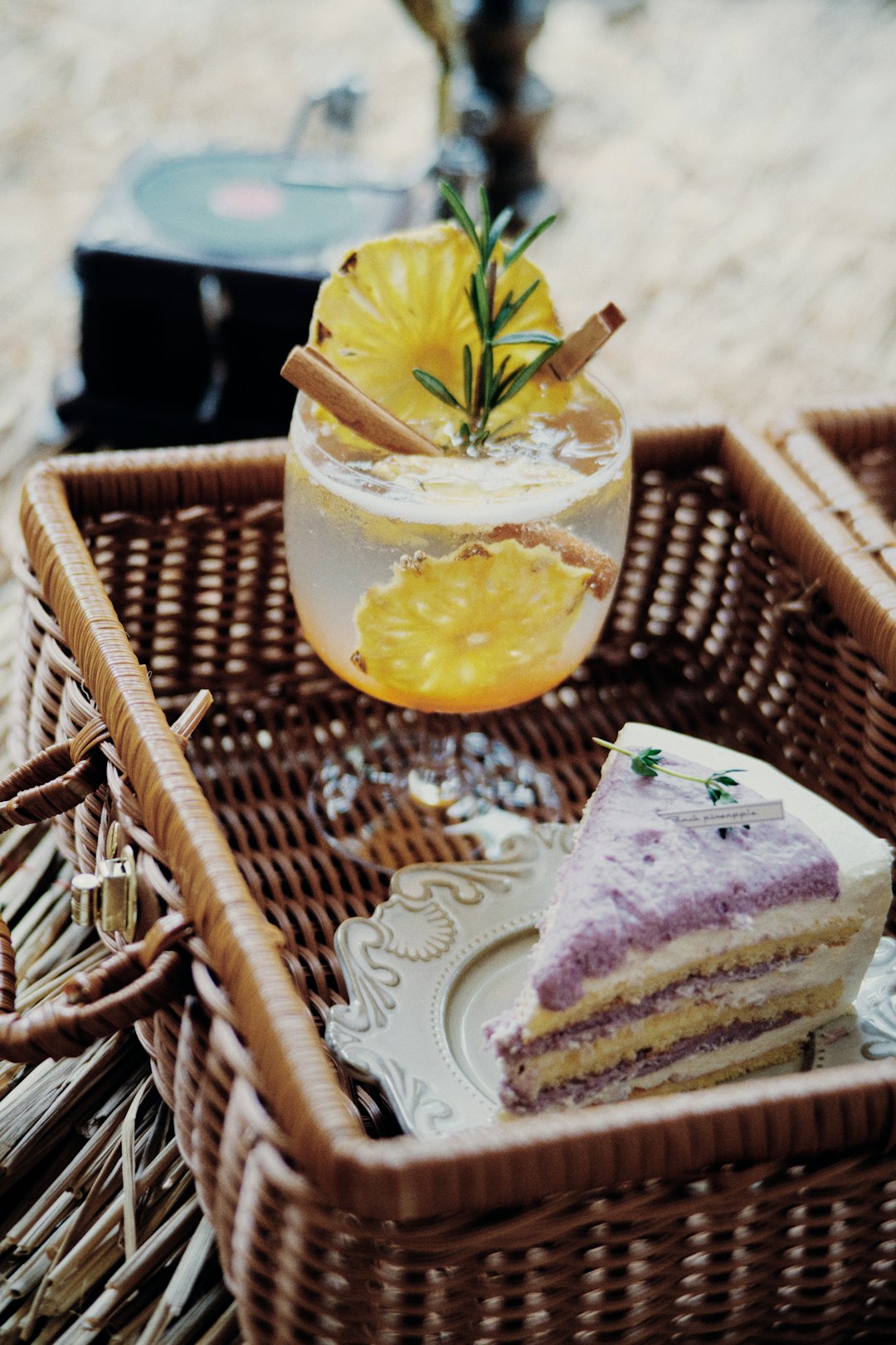 sliced cake on brown woven tray