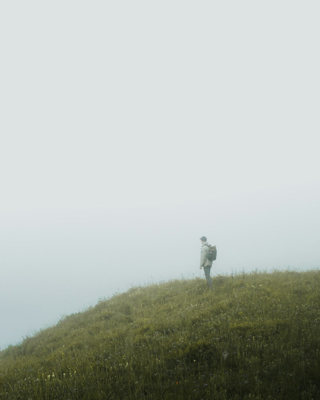 person in white shirt standing on green grass field during foggy day