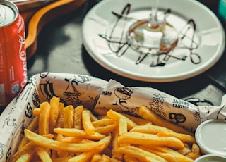 fries on white and blue ceramic plate