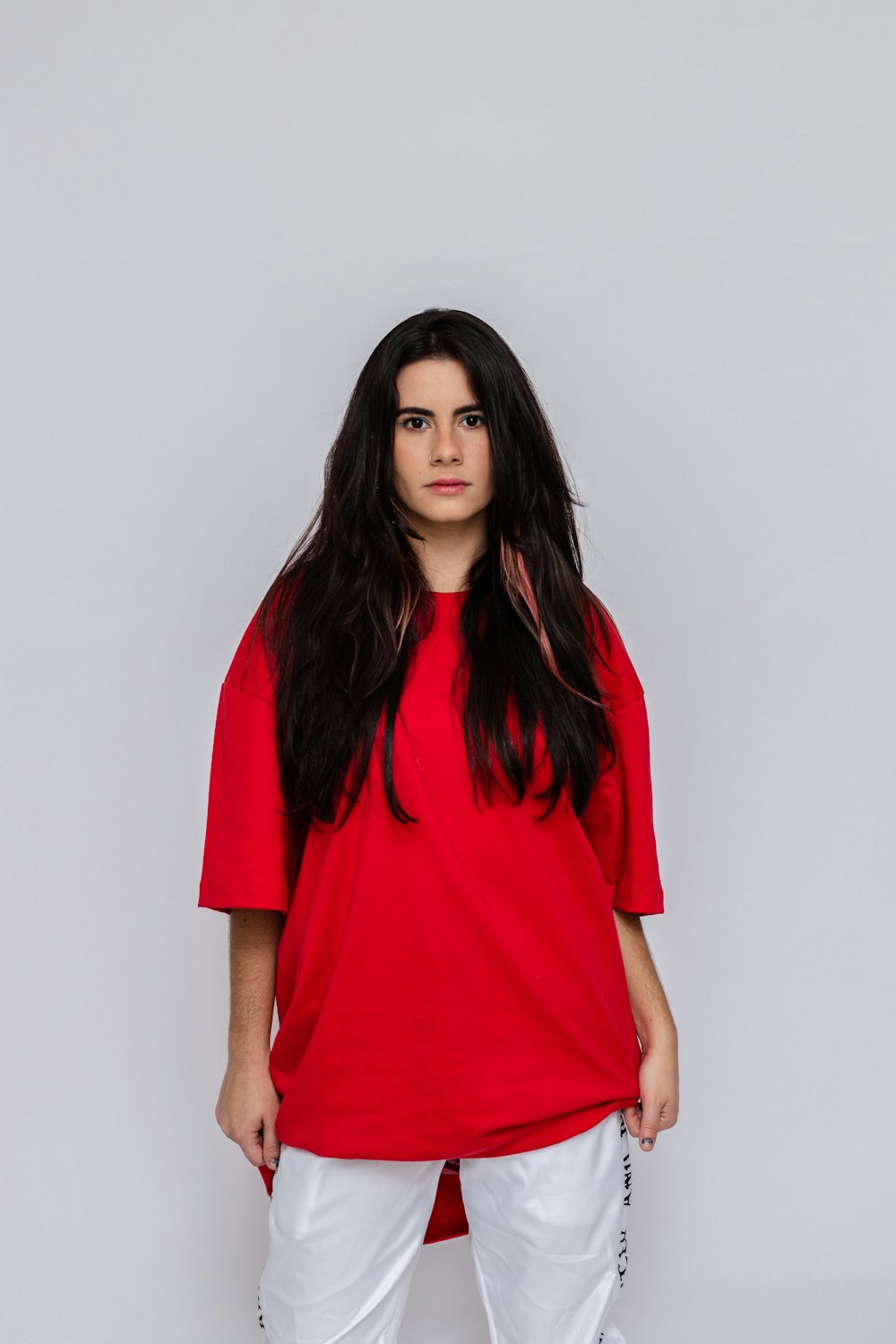 woman in red crew neck t-shirt