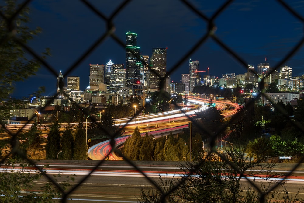 city skyline during night time