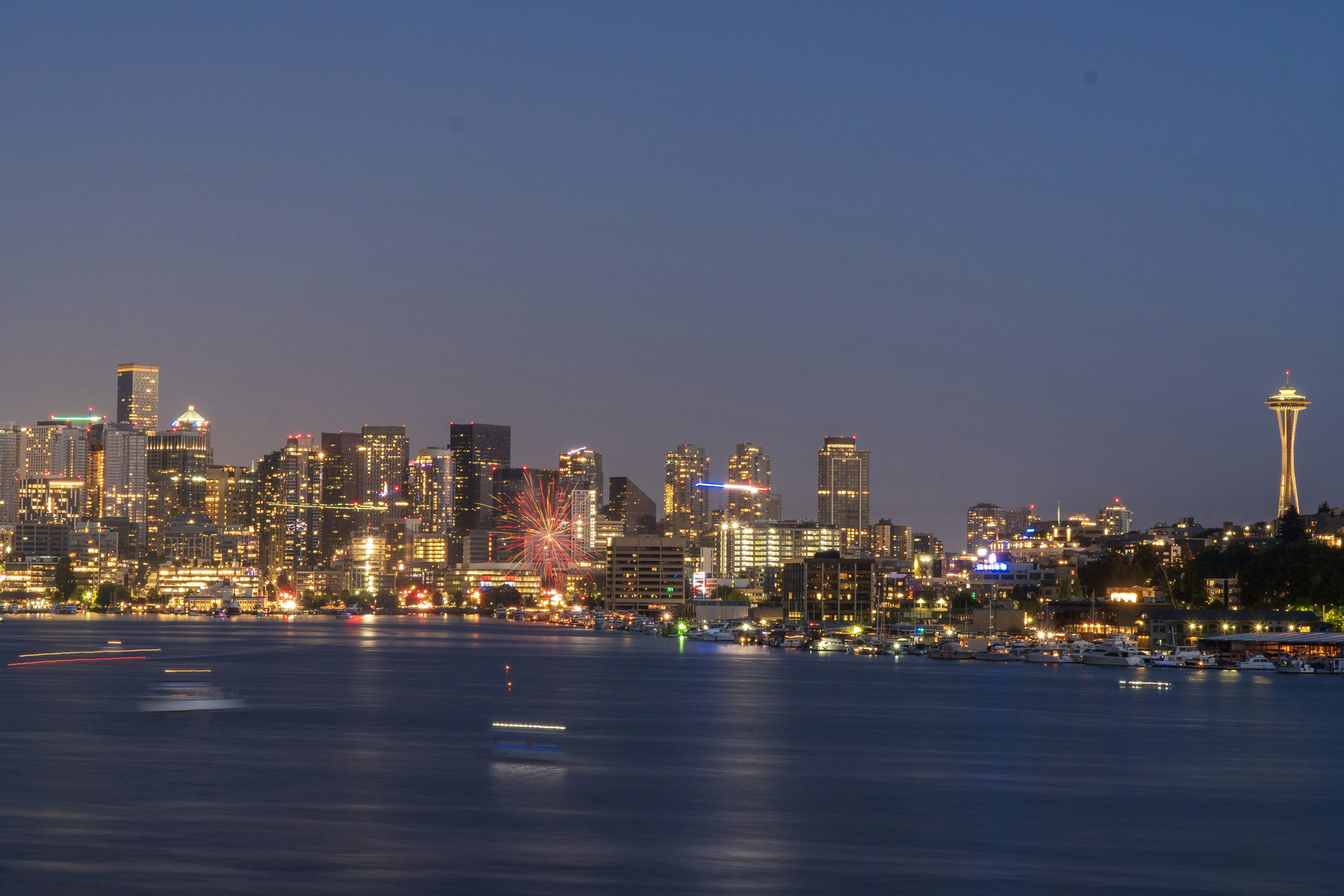 city skyline during night time