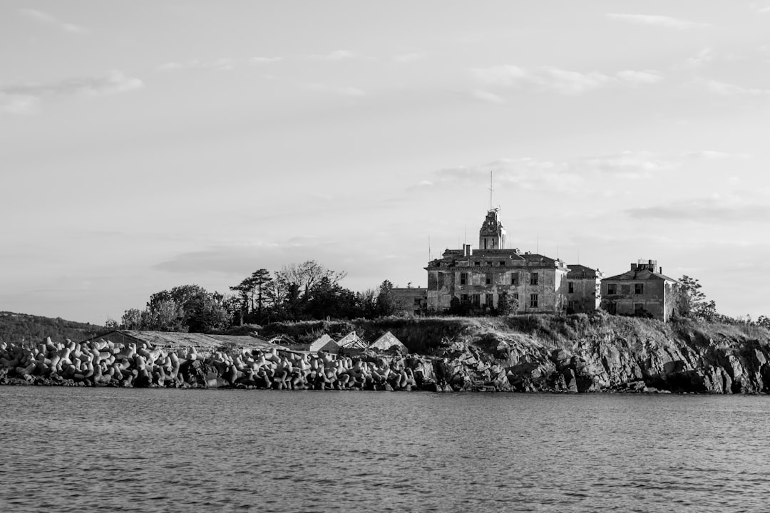 grayscale photo of body of water near building