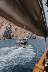 A boat sailing near a group of whales in clear blue ocean waters