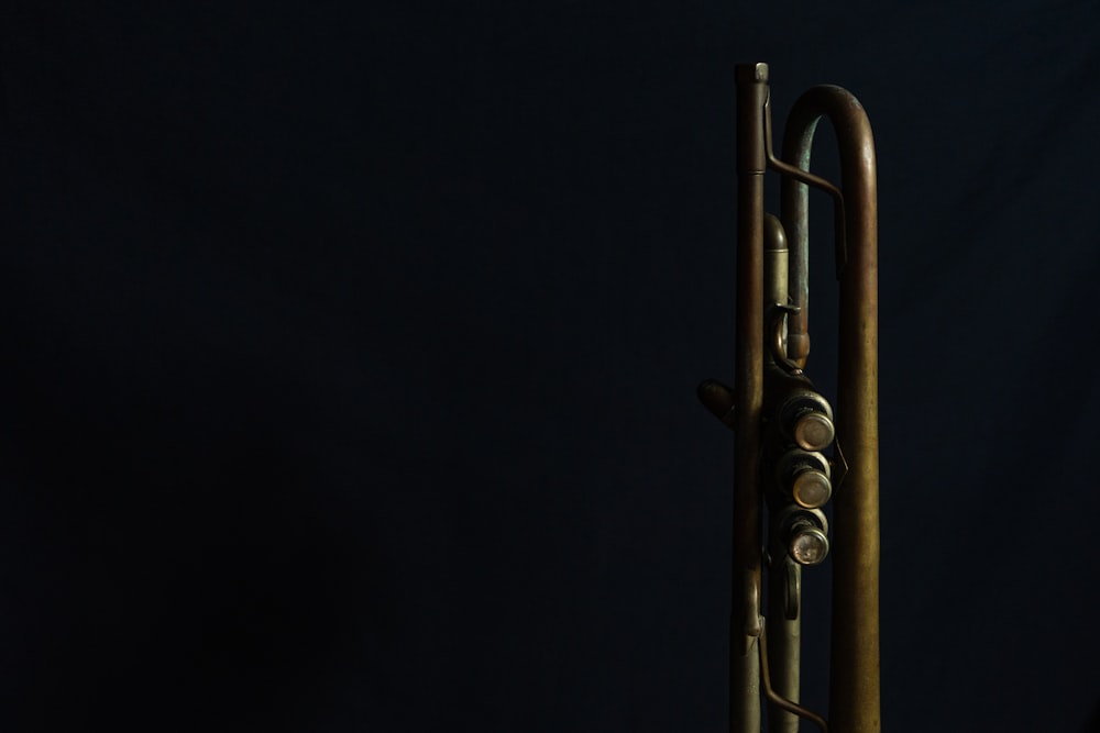 brass trumpet on black textile