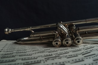 silver trumpet on white paper