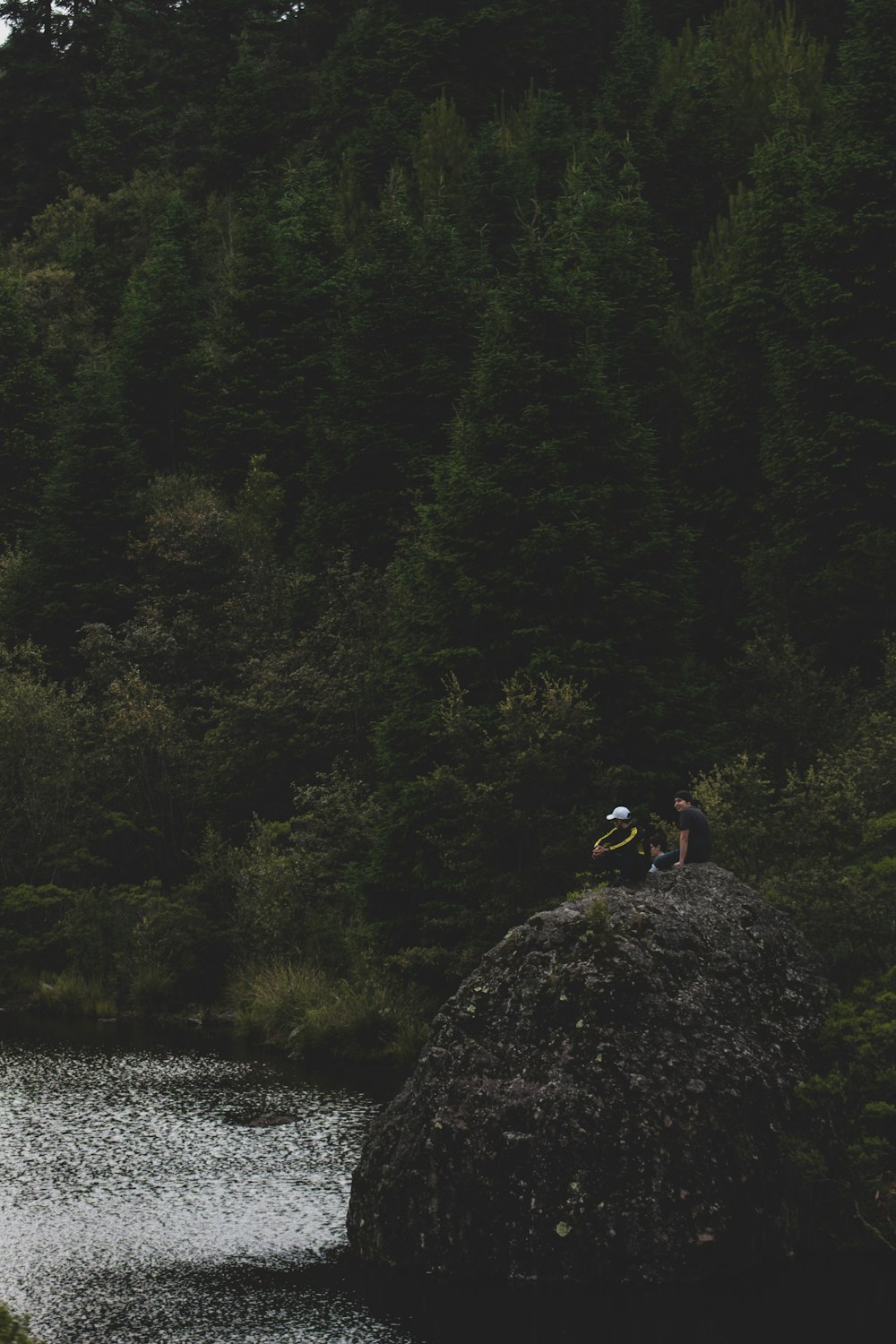 person in black jacket sitting on rock near river during daytime