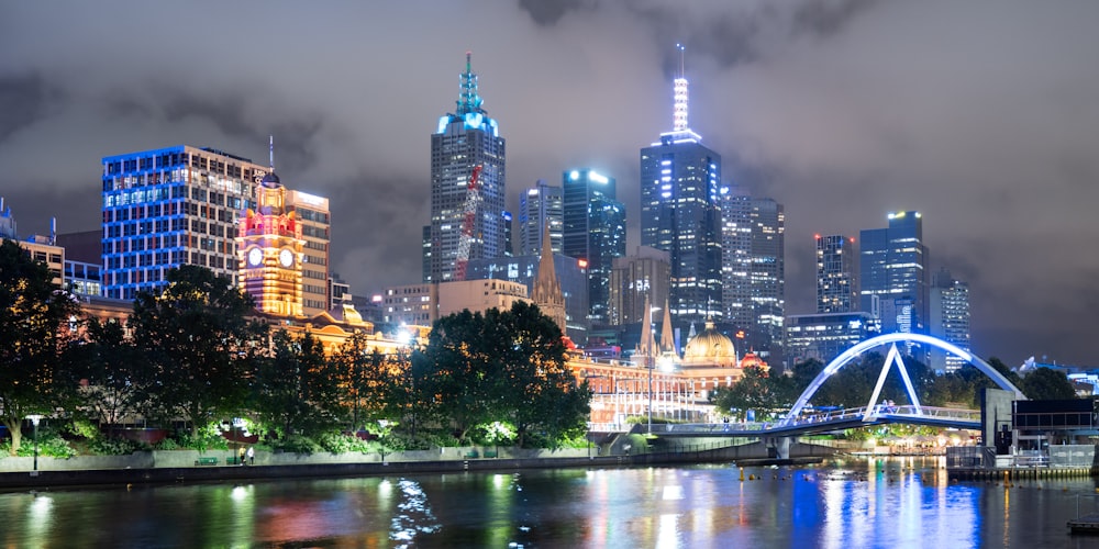 city skyline during night time