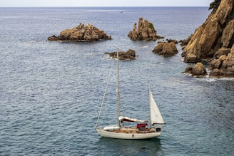 a sailboat in the ocean with rocks in the background