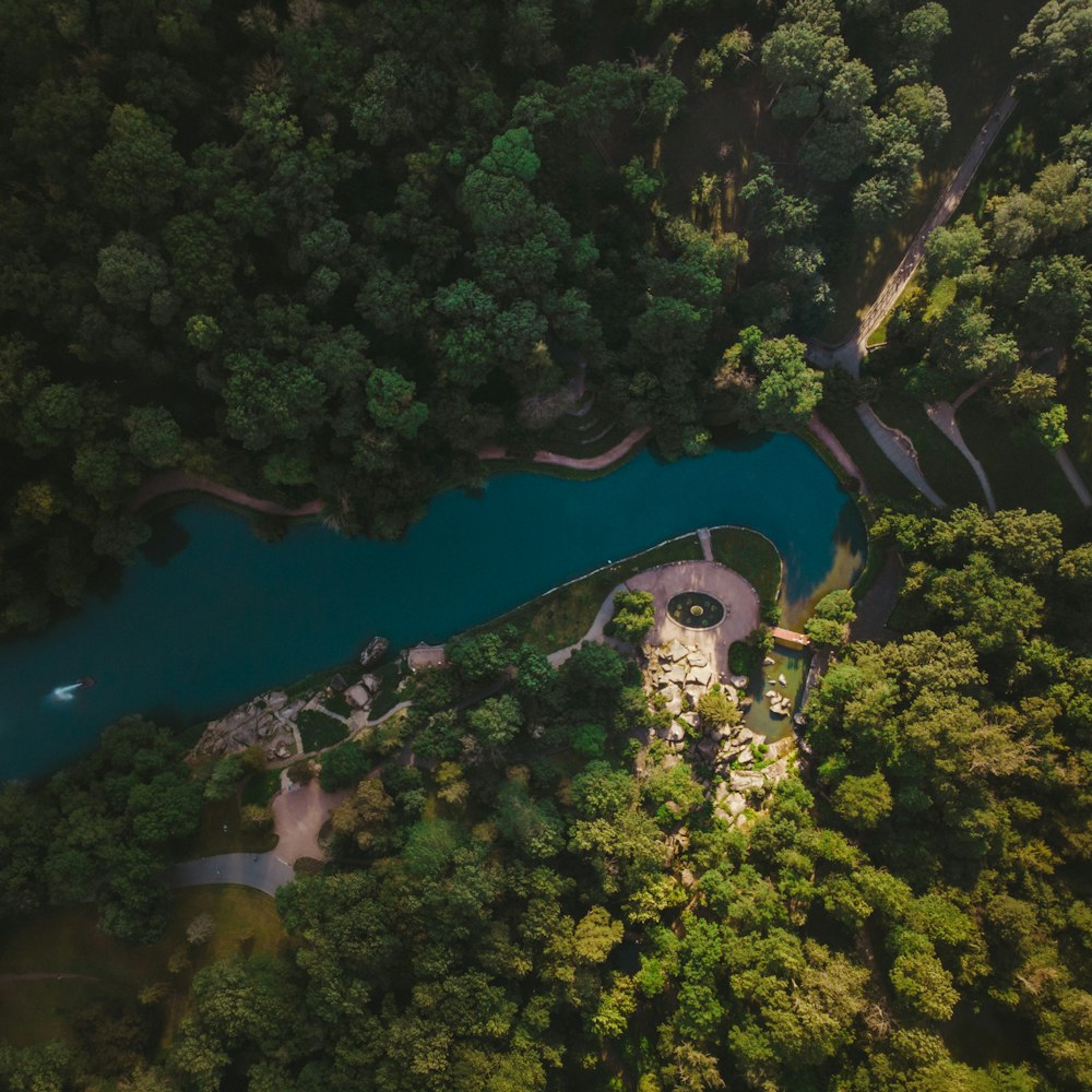 aerial view of blue lake surrounded by green trees during daytime