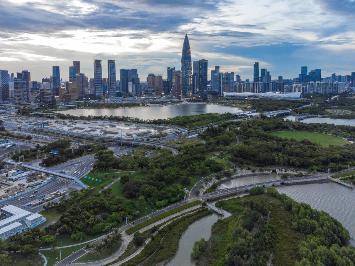 Aerial view of Shenzhen Bay and the city skyline