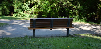 A sturdy wooden bench with a classic design set in a sunny park.