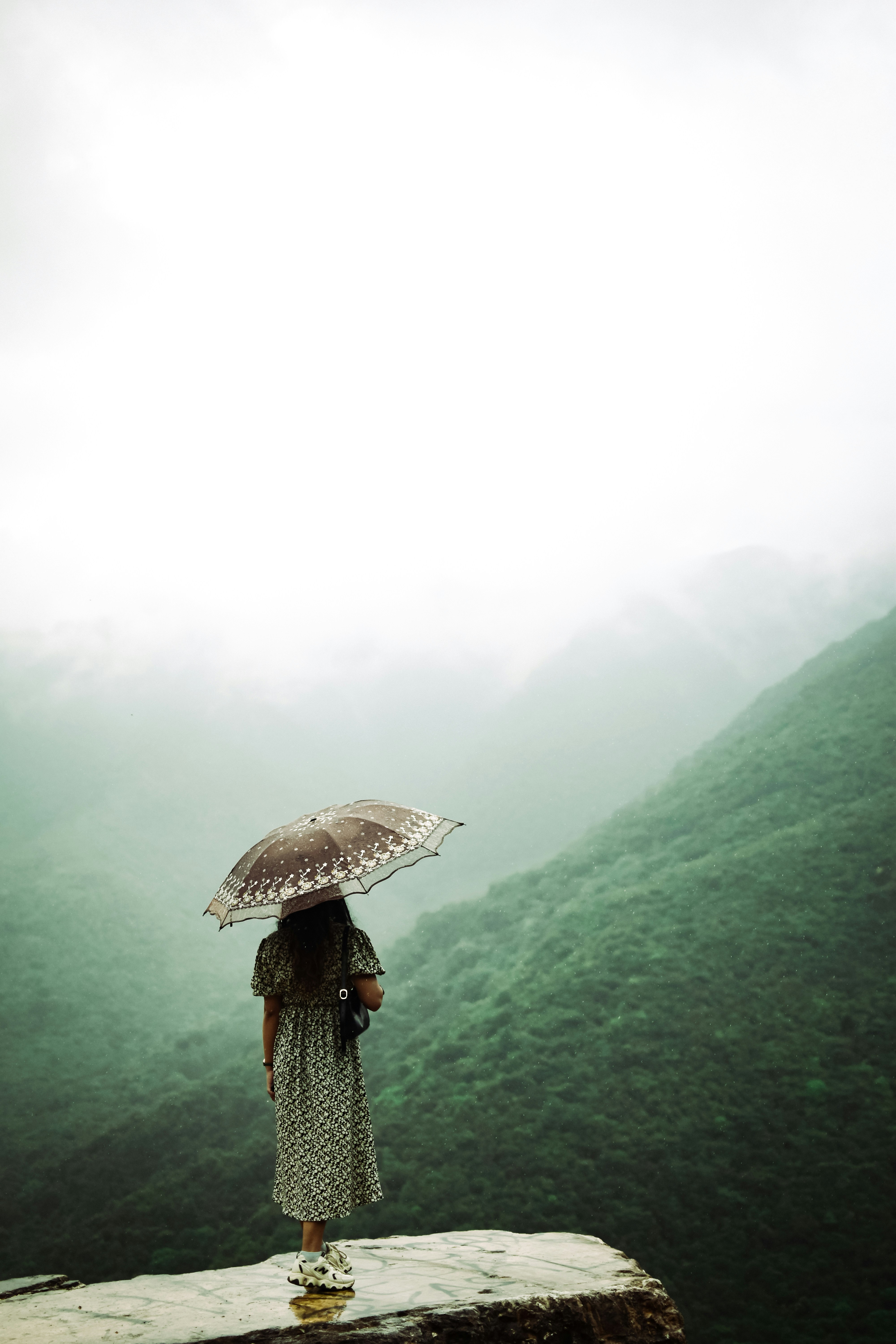 昼間、緑の芝生の上に傘をさす黒いジャケットを着た人物