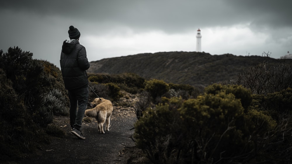 man in black jacket walking with brown dog on mountain during daytime